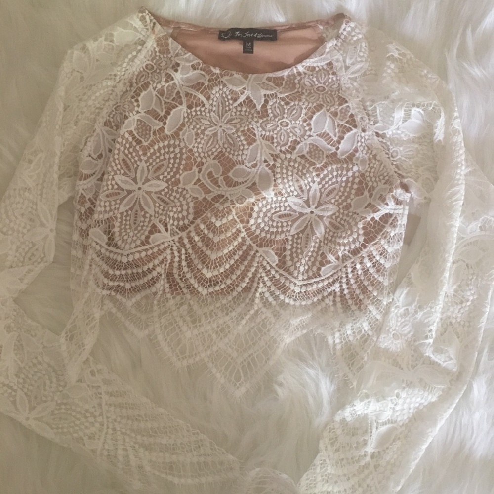 Tan Long Sleeved Crop Top With White Lace Overlay